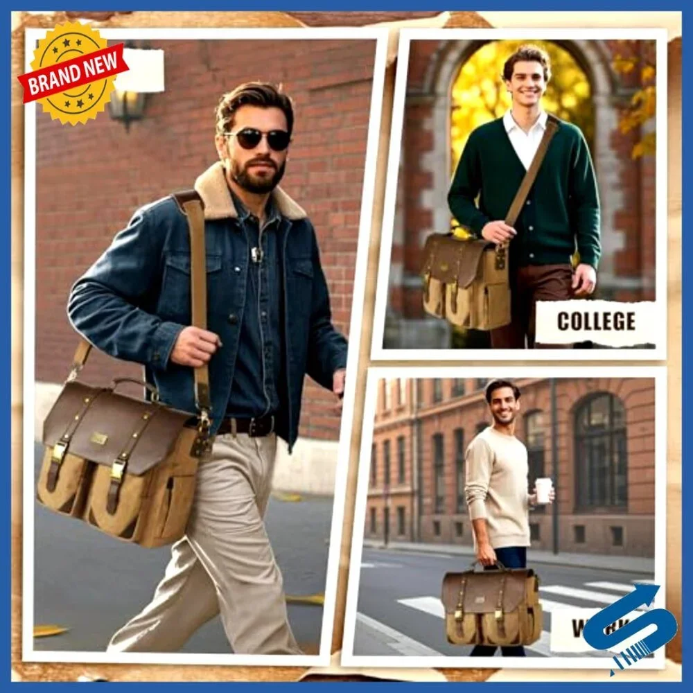 Vintage Messenger Bag with USB Charging Port RFID Blocking Water Resistant
